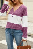 Colorblock V Neck Ribbed Knitting Top 