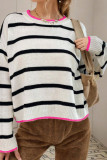 White Stripe Color Contrast Drop Shoulder Crew Neck Sweater