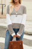 Colorblock V Neck Ribbed Knitting Top 