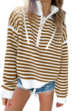 Khaki Stripe Zip up Collar Drop Shoulder Sweater