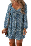 Blue Floral Print Sweetheart Neck Shirred Back Mini Dress