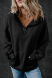 Black Zip-up Stand Neck Kangaroo Pocket Sweatshirt