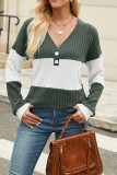 Colorblock V Neck Ribbed Knitting Top 