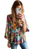 Multicolour Floral Print Bubble Sleeve V Neck Ruffled Blouse