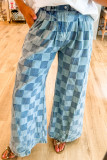 Dusk Blue Checkered Denim Wide Leg Jeans