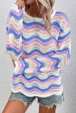 Purple Stripe Wavy Pointelle Knit Drop Shoulder Sweater