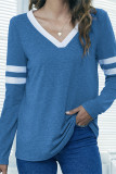 Blue V Neck Splicing Top 