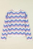 Purple Stripe Wavy Pointelle Knit Drop Shoulder Sweater