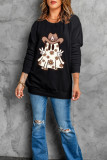 Black Halloween Floral Ghost Print Pullover Graphic Sweatshirt