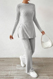 Grey Ribbed Knitting 2PCS Pajamas Set