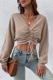 V Neck Lantern Sleeves Cable Textured Crop Top 