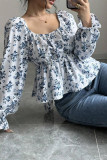 Blue Square Neck Puff Sleeves Floral Top 