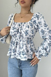 Blue Square Neck Puff Sleeves Floral Top 