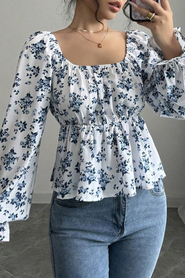 Blue Square Neck Puff Sleeves Floral Top 