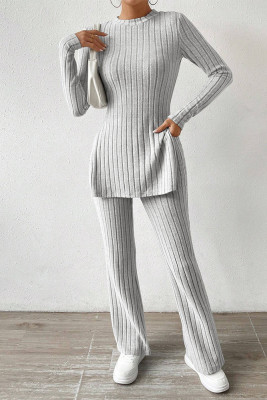 Grey Ribbed Knitting 2PCS Pajamas Set