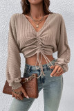 V Neck Lantern Sleeves Cable Textured Crop Top 