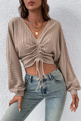 V Neck Lantern Sleeves Cable Textured Crop Top 