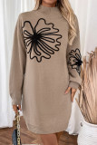 Khaki Flower Pattern Sweater Dress 