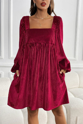 Wine Red Square Neck Corduroy Dress 