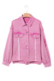 Pink Lace Patchwork Distressed Buttoned Denim Jacket