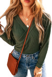 Blackish Green Ribbed Knit Slim Fit Wrap V Neck Bodysuit