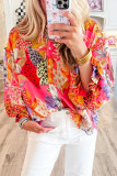 Red Abstract Floral Print Buttoned Ruffled Bubble Sleeve Shirt