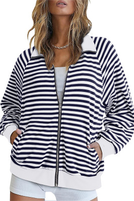 Stripes Zipper Front Open Sweatshirt Coat 