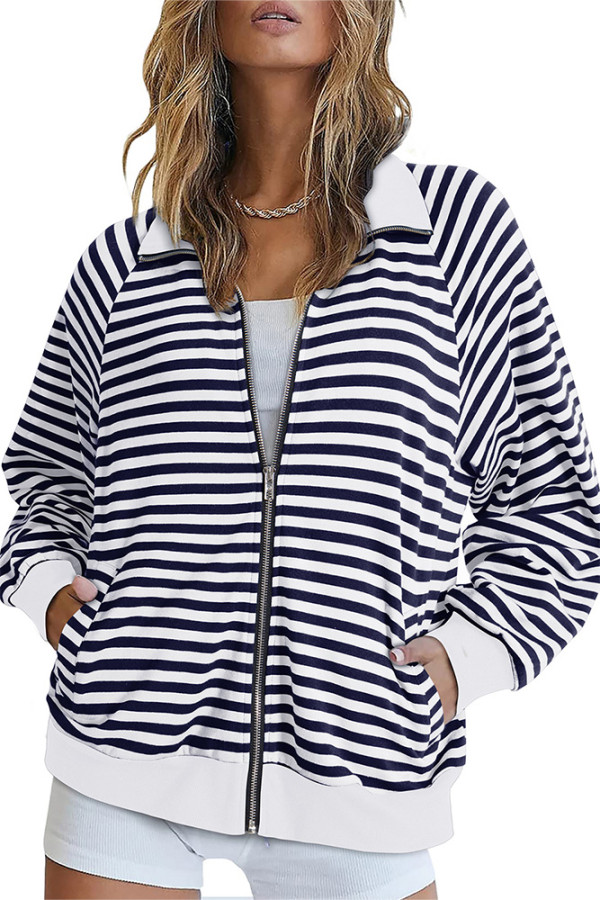 Stripes Zipper Front Open Sweatshirt Coat 