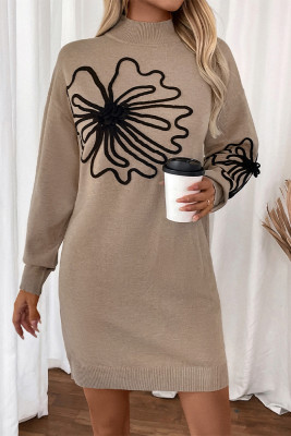 Khaki Flower Pattern Sweater Dress 