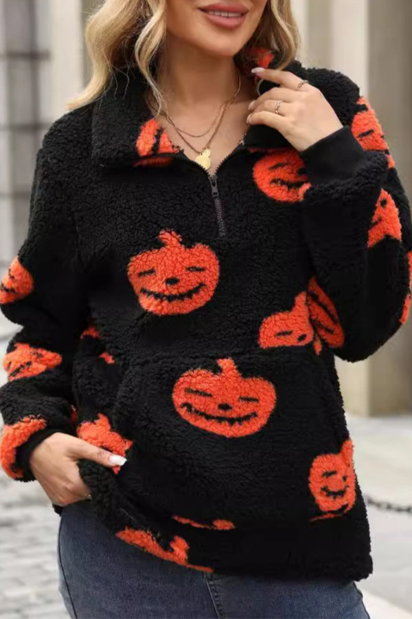 Halloween Pumpkin Half Zipper Fleece Sweatshirt 