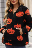 Halloween Pumpkin Half Zipper Fleece Sweatshirt 