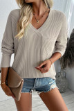 V Neck Pocket Textured Long Sleeves Top 