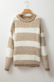 Brown Stripe Drop Shoulder Round Neck Loose Sweater