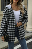 Plaid Hooded Drawstring Button Up Coat 