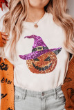 White Halloween Sequined Pumpkin Crewneck Graphic Tee