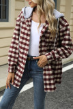 Plaid Hooded Drawstring Button Up Coat 