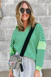 Green Stripe Turn-Down V Neck Patchwork Loose Top