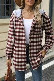 Plaid Hooded Drawstring Button Up Coat 