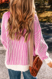 Bright Pink Striped Textured Knit Contrast Edge Loose Sweater