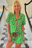 Green Christmas Candy Cane Print Pocketed Knotted Pajama Set