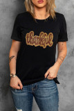 Black Sequined Thankful Round Neck Graphic Tee