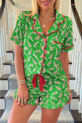 Green Christmas Candy Cane Print Pocketed Knotted Pajama Set