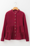 Burgundy Corduroy Ruffle Tiered Buttoned O Neck Shirt