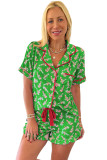 Green Christmas Candy Cane Print Pocketed Knotted Pajama Set