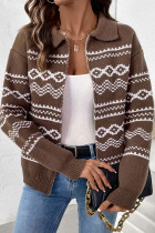 Brown Front Open Zipper Knitting Cardigan