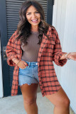 Red Plaid Long Sleeeve Side Split Distressed Hem Shirt