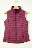 Burgundy Plush Collared Quilted Zipped Puffer Vest