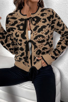 Leopard Bowknot Front Open Cardigan 