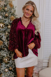 Red Dahlia Sequin Patchwork Sleeve Button Up Velvet Top