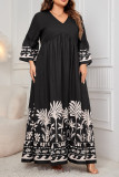 Black V Neck Flare Sleeves Printed Dress 